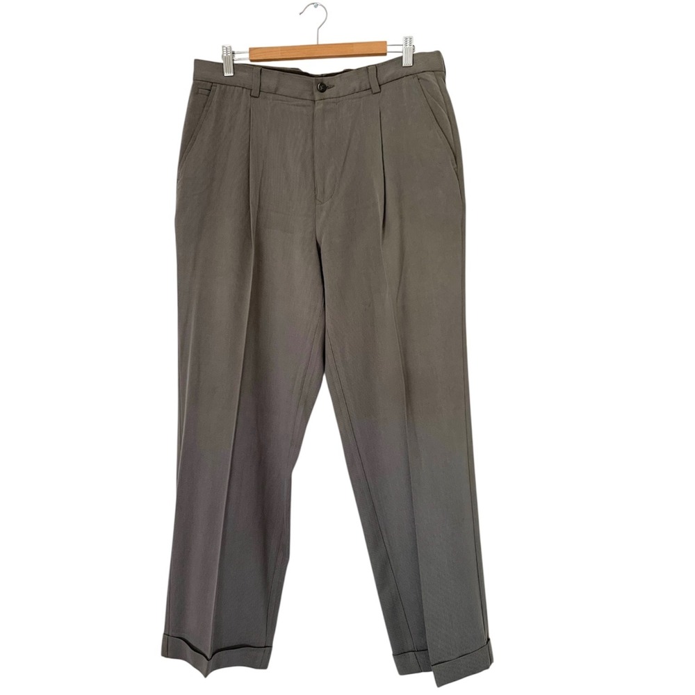 Tommy Bahama Silk Pants Men 35x29 Taupe Pleated Cuffed Old Money Luxury Vacation